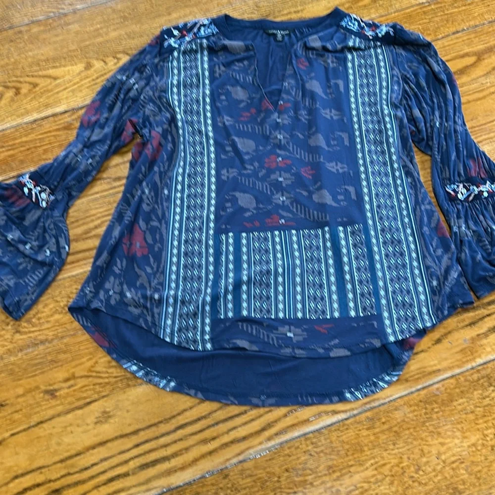 Lucky Brand mixed print boho top. Embroidery on sleeves and shoulders. Small. - Picture 1 of 11
